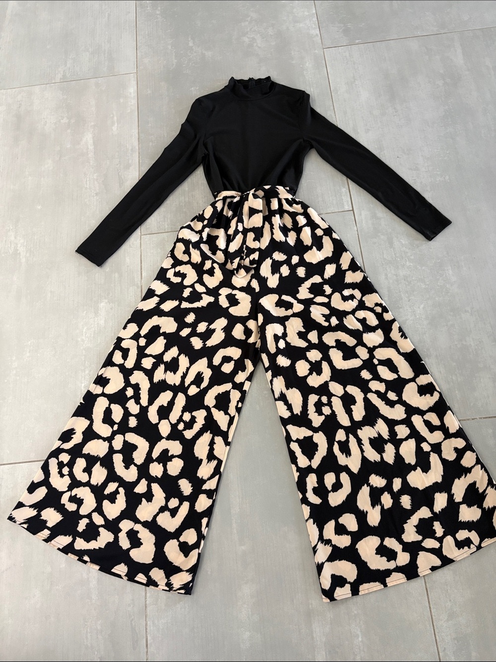 SHEIN Black and Cream Wide-Leg Animal Print Pants